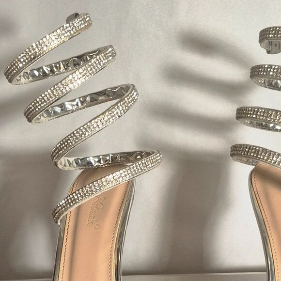 Lov Mark Spiral leg wrap 4" heels, silver and rhinestone in size 6.5 - Picture 4 of 16